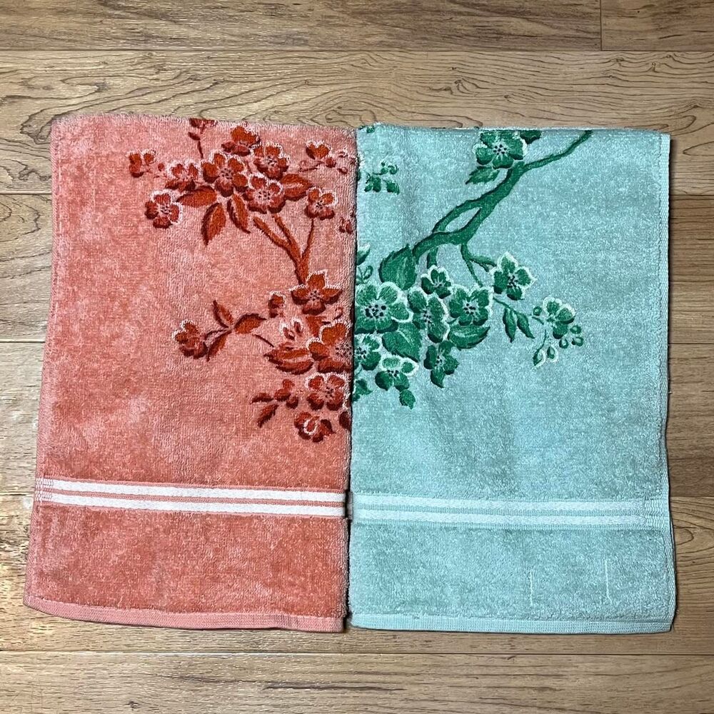 Vintage 1970s Hand Kitchen Towels Tastemaker Green Peach Floral Branch Design